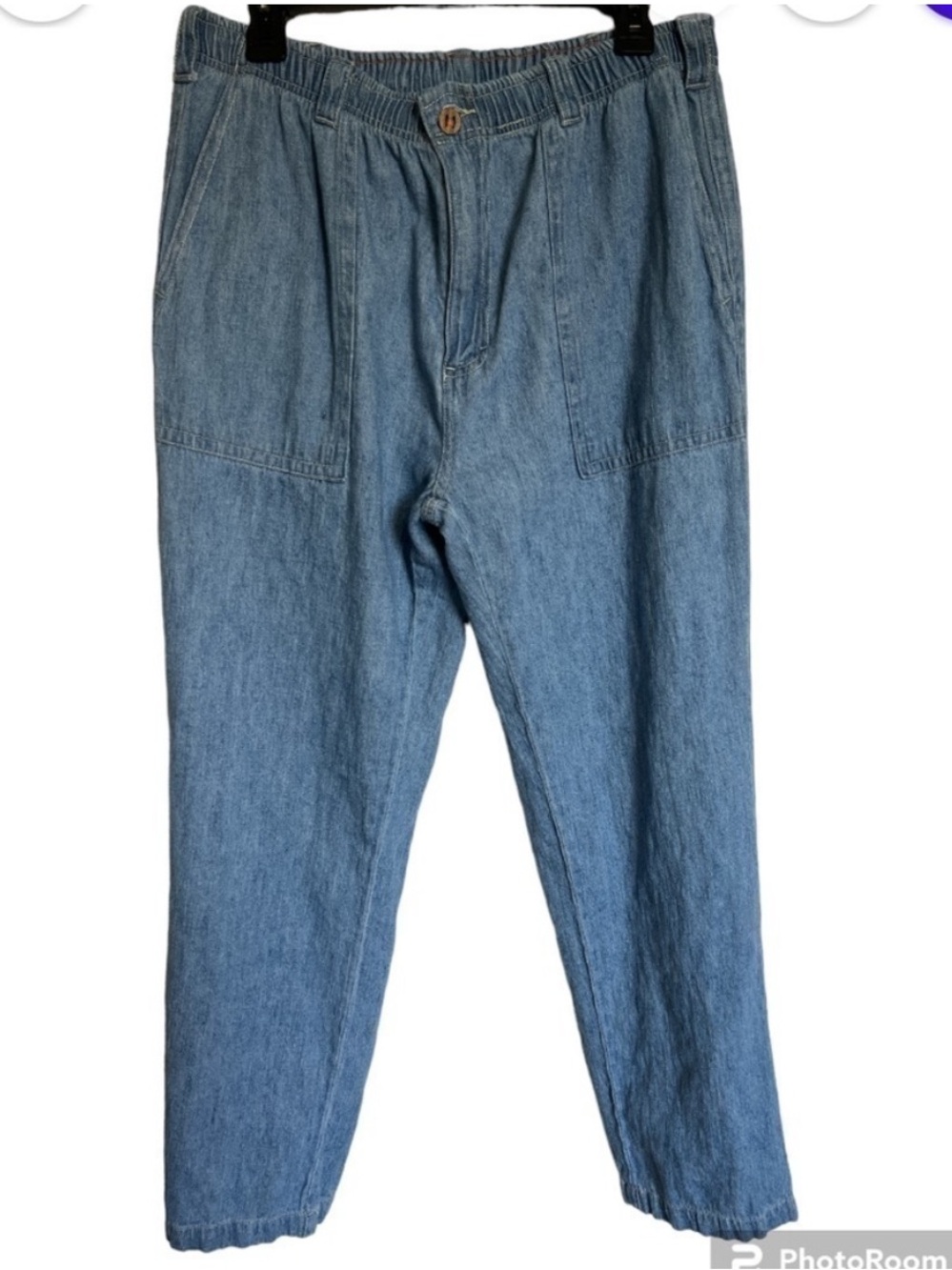 The Territory Ahead Linen Cotton Blend Pants Blue Elastic Waist Relaxed Fit